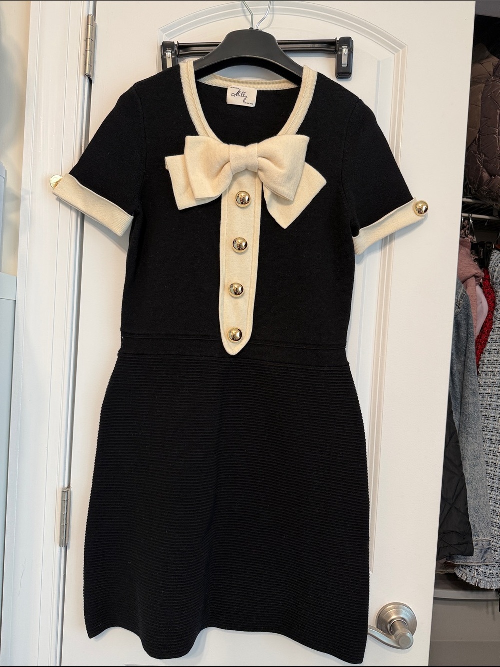 Milly Black Knit Top with Cream Contrast Trim